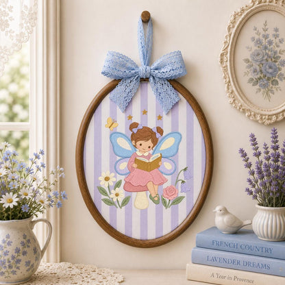 Fairy Girl Embroidery Hoop Art, Little Storybook Fairy Reading a Book with Flowers, Pink and Lavender Nursery Wall Decor Gift for Kids