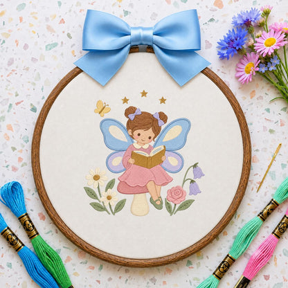 Fairy Girl Embroidery Hoop Art, Little Storybook Fairy Reading a Book with Flowers, Pink and Lavender Nursery Wall Decor Gift for Kids