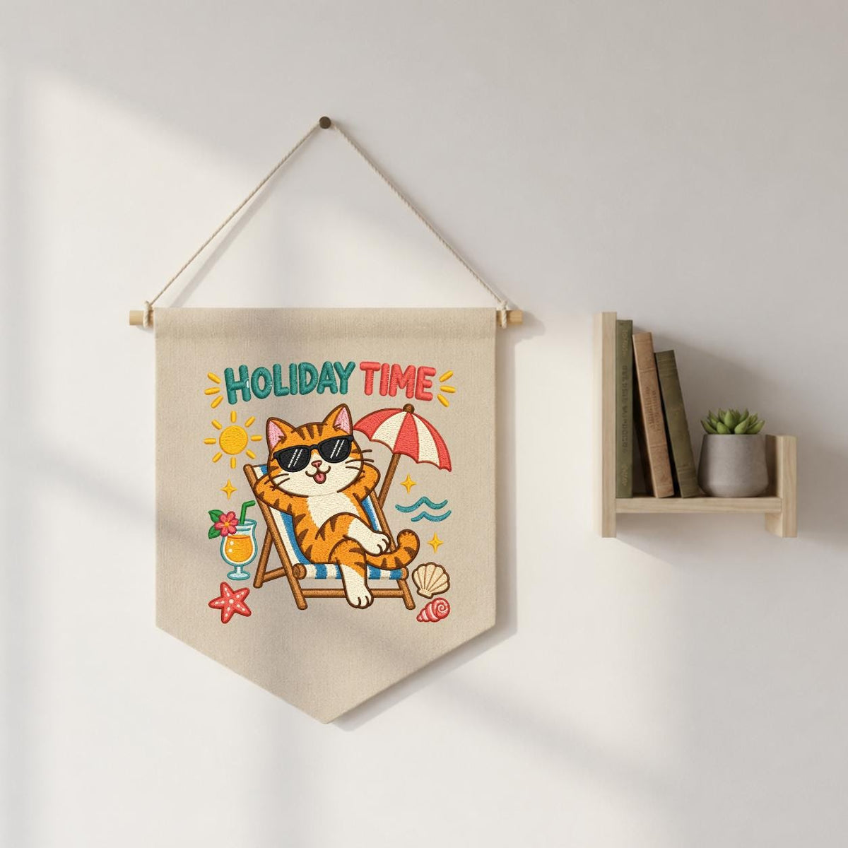 Summer Cat Pennant Banner, Funny Orange Tabby Embroidery with Beach Chair, Umbrella and Tropical Details, Holiday Home Wall Decor Gift