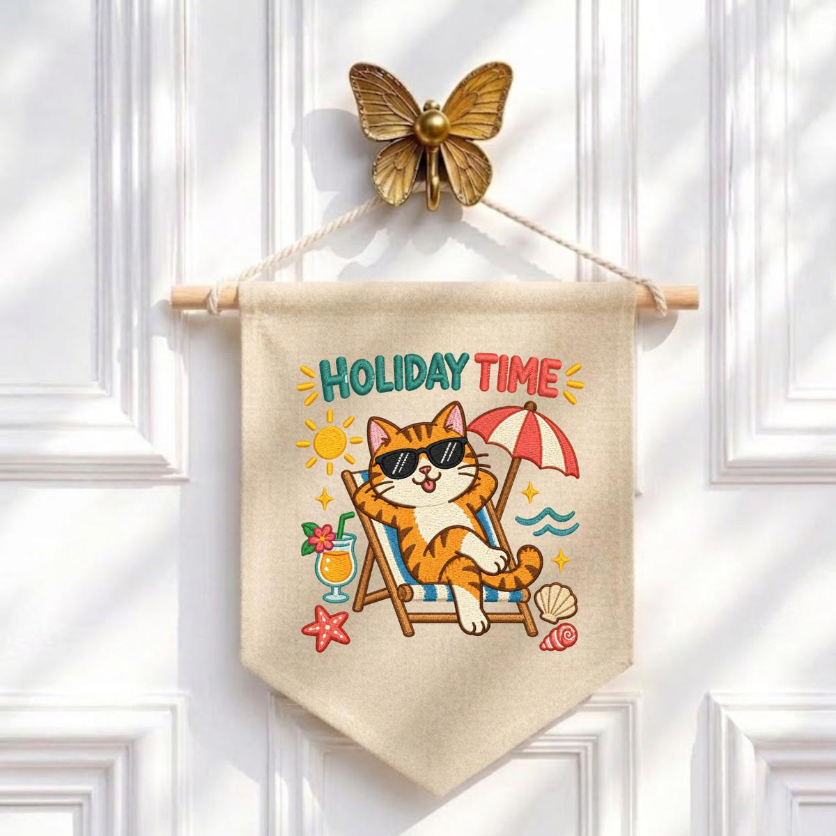 Summer Cat Pennant Banner, Funny Orange Tabby Embroidery with Beach Chair, Umbrella and Tropical Details, Holiday Home Wall Decor Gift