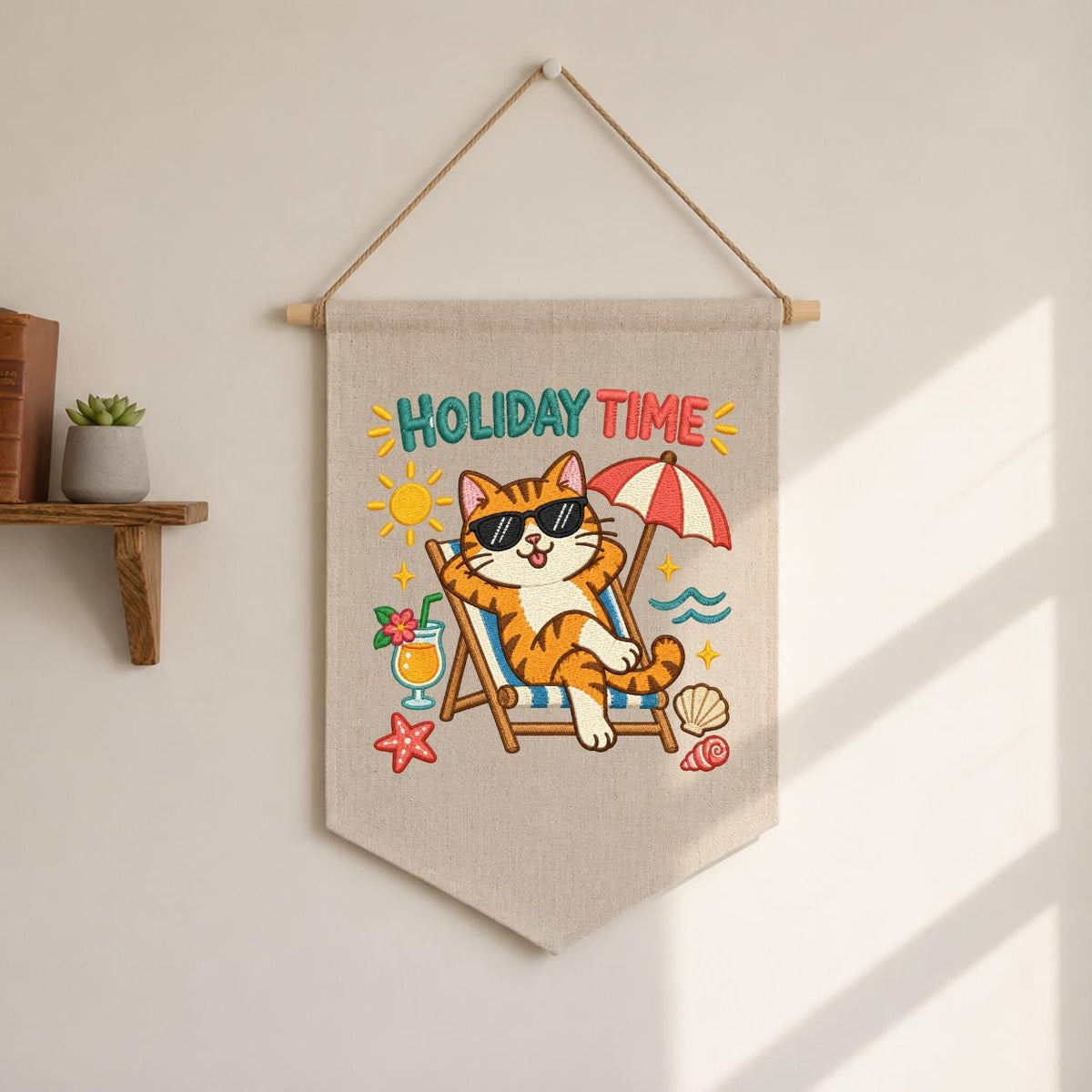 Summer Cat Pennant Banner, Funny Orange Tabby Embroidery with Beach Chair, Umbrella and Tropical Details, Holiday Home Wall Decor Gift