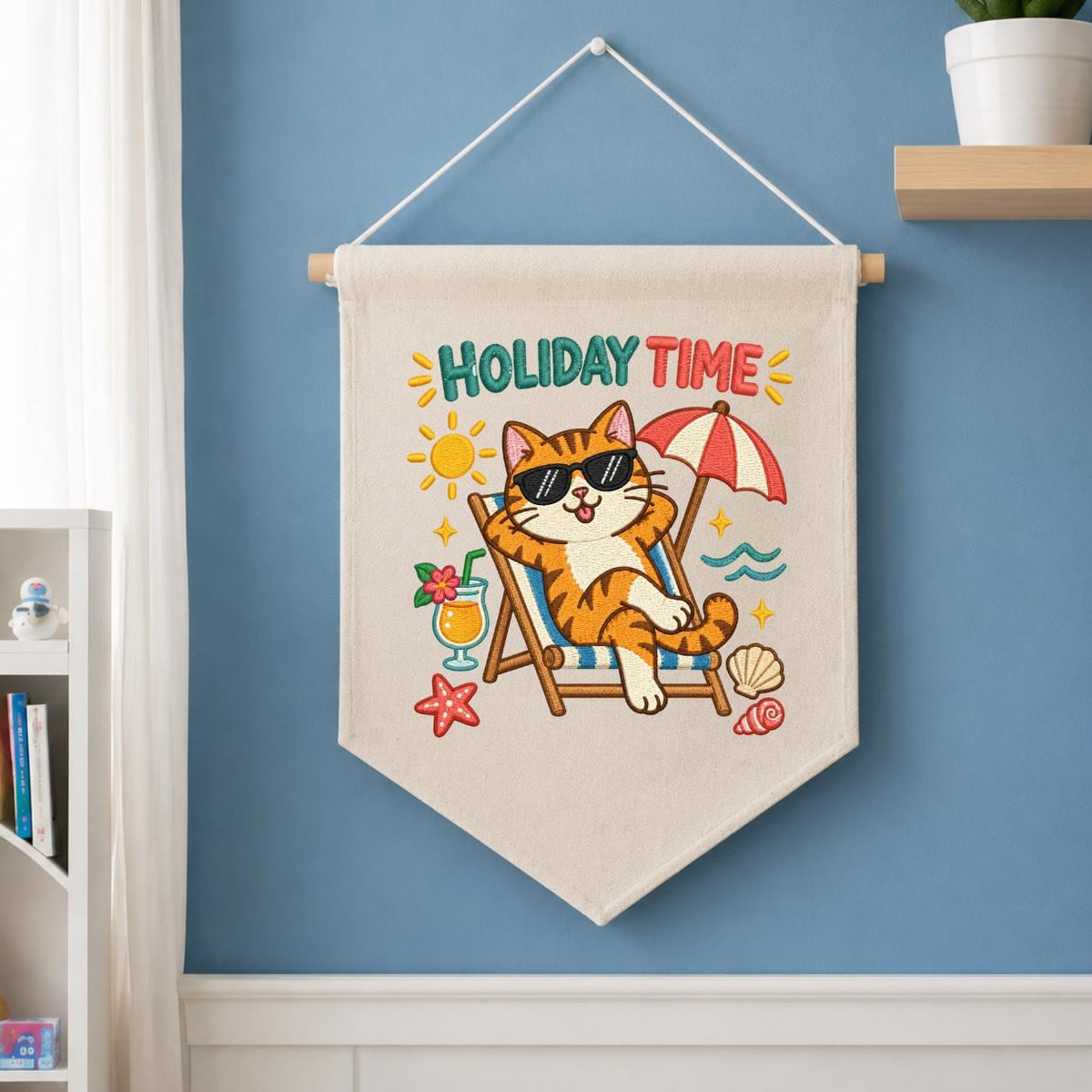 Summer Cat Pennant Banner, Funny Orange Tabby Embroidery with Beach Chair, Umbrella and Tropical Details, Holiday Home Wall Decor Gift