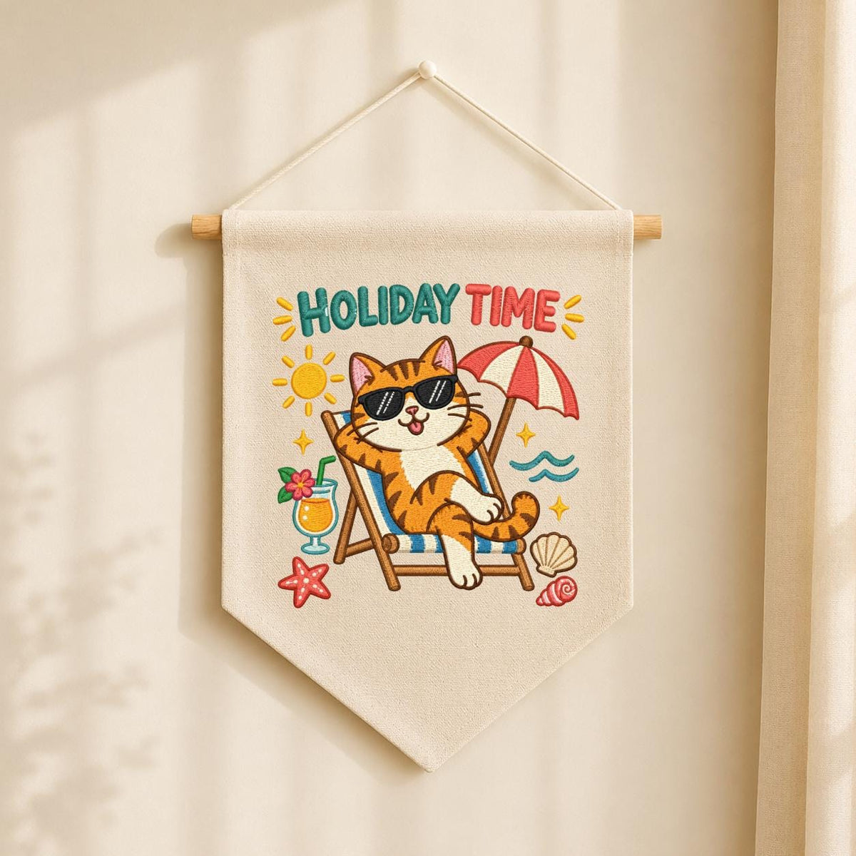 Summer Cat Pennant Banner, Funny Orange Tabby Embroidery with Beach Chair, Umbrella and Tropical Details, Holiday Home Wall Decor Gift