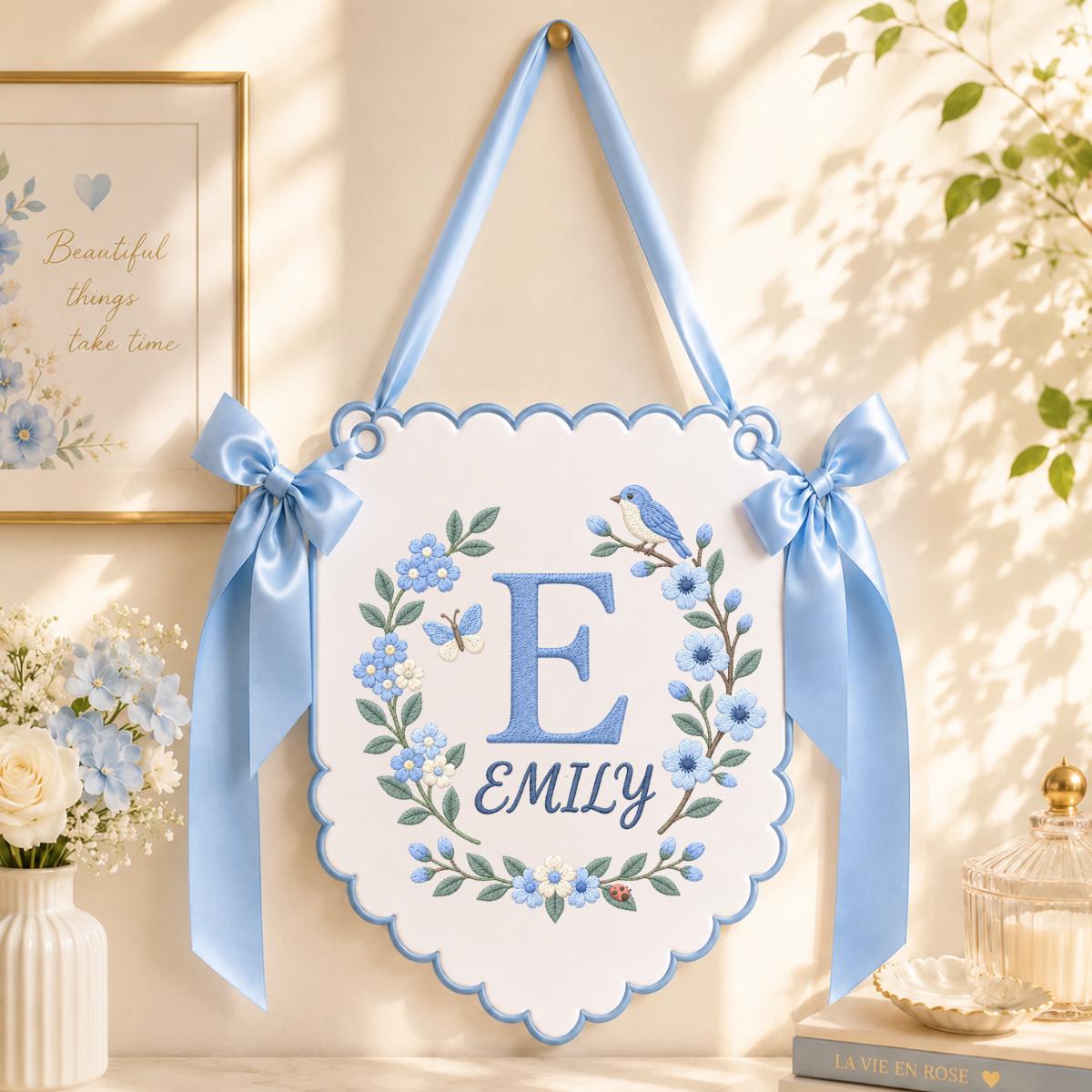 Custom Name Initial Embroidered Scalloped Wall Banner Decor, Lavender Satin Bows Bird Emily Baby Girl Room Sign Hospital Door Hanger
