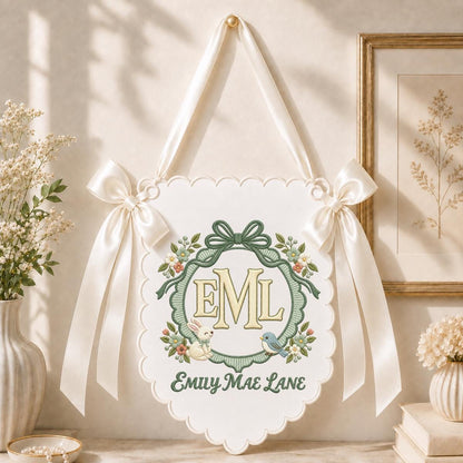 Personalized Monogram Scalloped Banner, Custom Name Initial Embroidered Scalloped Wall Banner Bunny Bird Nursery Wall Sign Decor