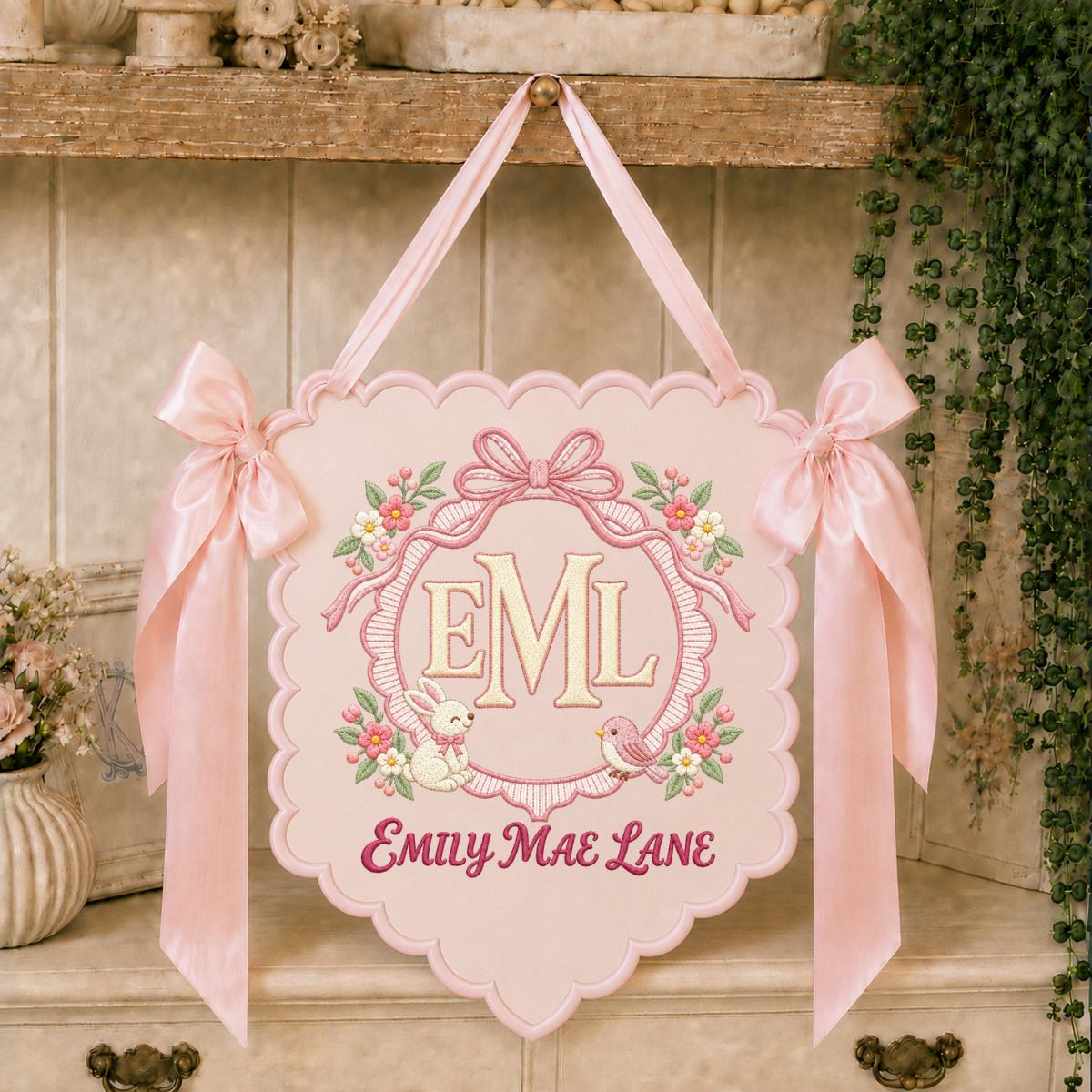 Personalized Monogram Scalloped Banner, Custom Name Initial Embroidered Scalloped Wall Banner Bunny Bird Nursery Wall Sign Decor