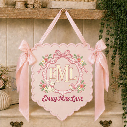 Personalized Monogram Scalloped Banner, Custom Name Initial Embroidered Scalloped Wall Banner Bunny Bird Nursery Wall Sign Decor
