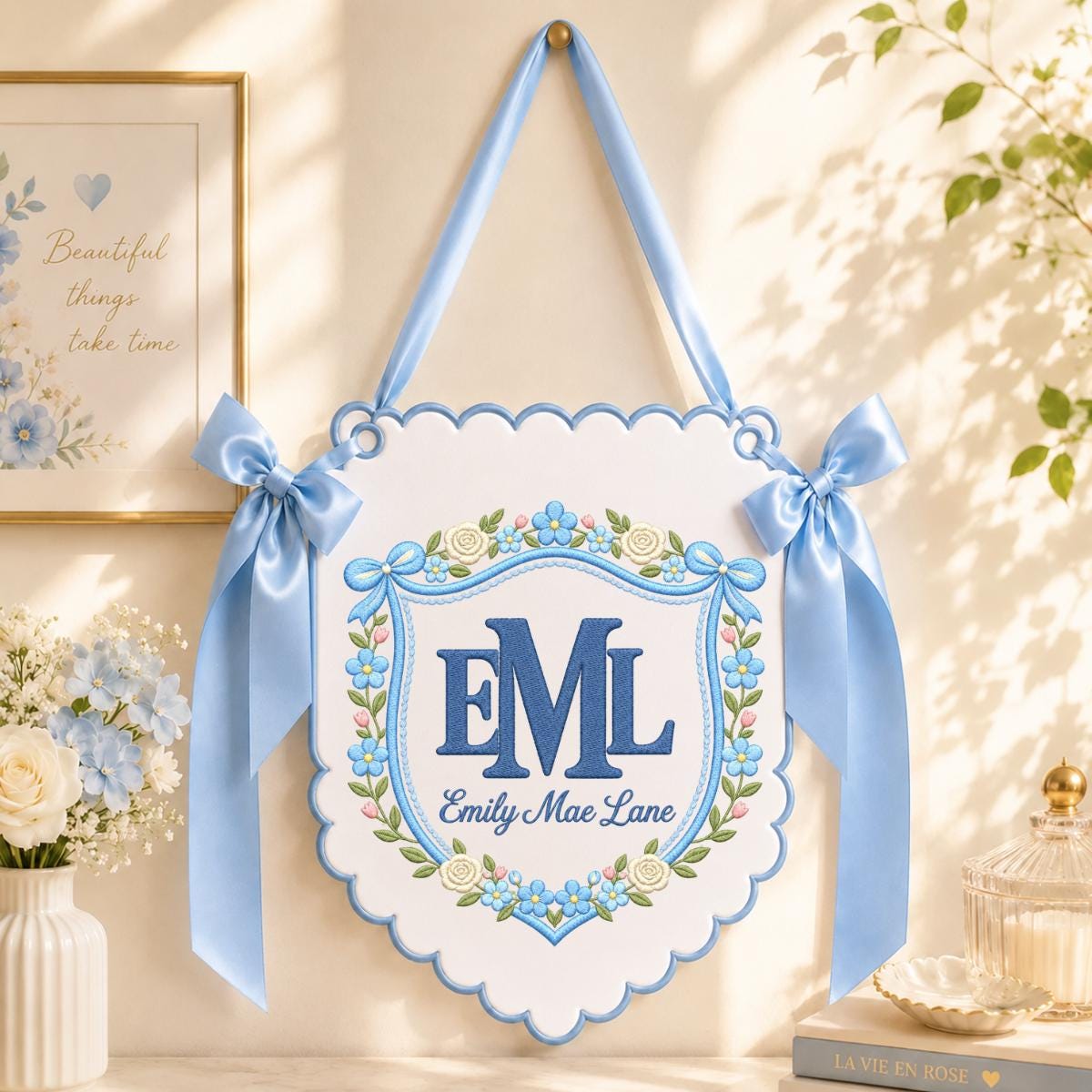 Personalized Monogram Scalloped Banner, Custom Name Initial Embroidered Scalloped Wall Banner Bunny Bird Nursery Wall Sign Decor