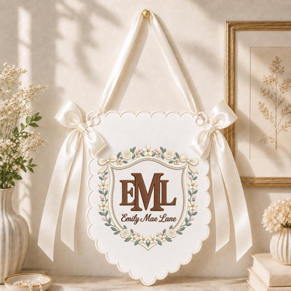 Personalized Monogram Scalloped Banner, Custom Name Initial Embroidered Scalloped Wall Banner Bunny Bird Nursery Wall Sign Decor