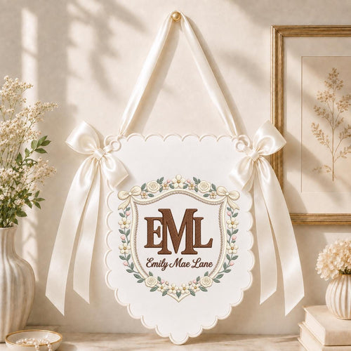 Personalized Monogram Scalloped Banner, Custom Name Initial Embroidered Scalloped Wall Banner Bunny Bird Nursery Wall Sign Decor