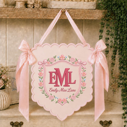 Personalized Monogram Scalloped Banner, Custom Name Initial Embroidered Scalloped Wall Banner Bunny Bird Nursery Wall Sign Decor