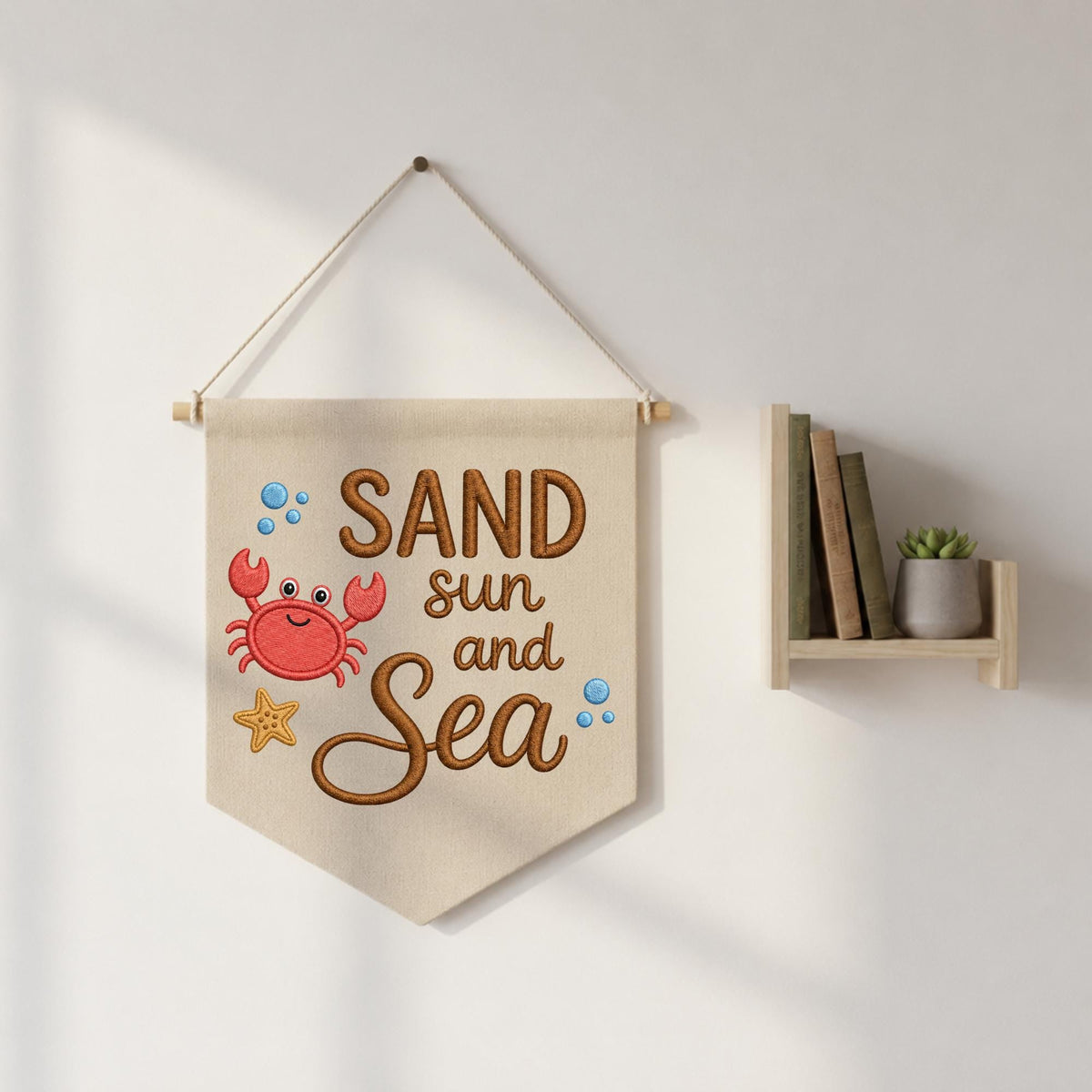 Sand Sun and Sea Embroidered Banner, Coastal Crab Wall Hanging, Beach House Decor, Nautical Nursery Wall Art, Summer Ocean Gift