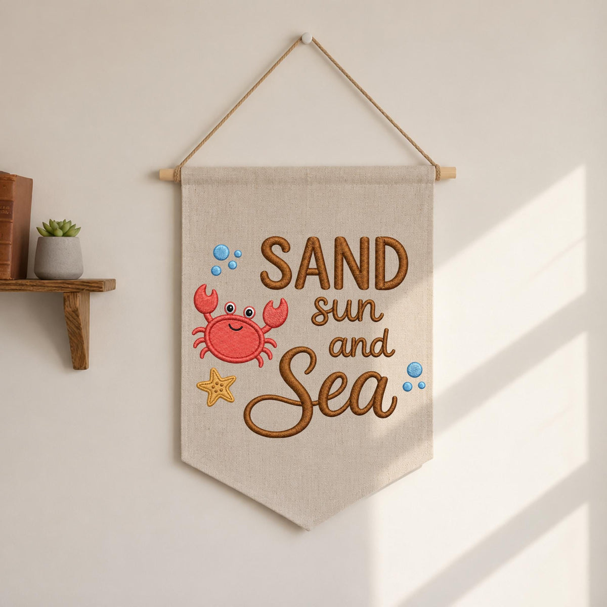 Sand Sun and Sea Embroidered Banner, Coastal Crab Wall Hanging, Beach House Decor, Nautical Nursery Wall Art, Summer Ocean Gift
