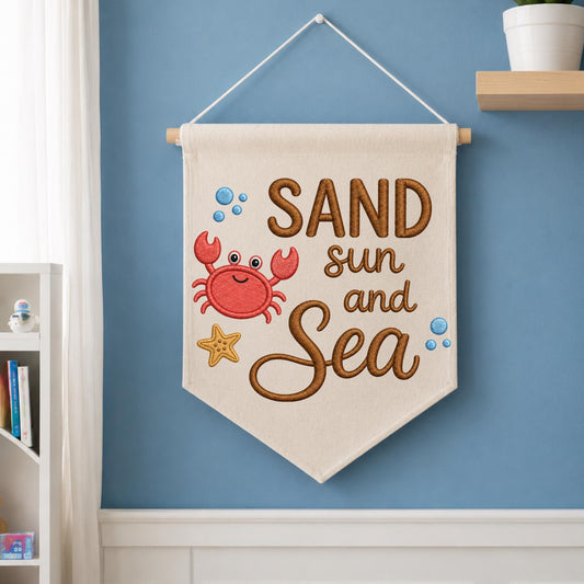 Sand Sun and Sea Embroidered Banner, Coastal Crab Wall Hanging, Beach House Decor, Nautical Nursery Wall Art, Summer Ocean Gift