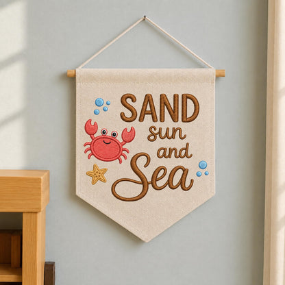 Sand Sun and Sea Embroidered Banner, Coastal Crab Wall Hanging, Beach House Decor, Nautical Nursery Wall Art, Summer Ocean Gift