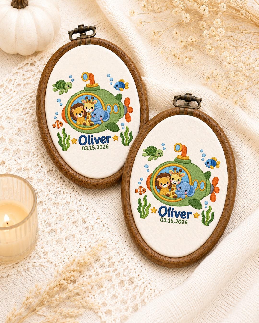 Personalized Safari Submarine Embroidered Ornament, Custom Baby Name Hoop, Jungle Animal Nursery Decor, Under the Sea Baby Gift