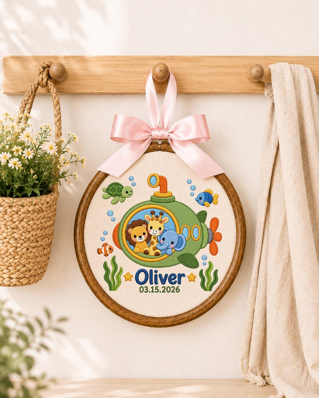 Personalized Safari Submarine Embroidered Ornament, Custom Baby Name Hoop, Jungle Animal Nursery Decor, Under the Sea Baby Gift