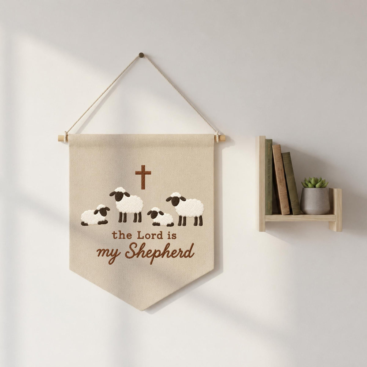 The Lord Is My Shepherd Embroidered Banner, Christian Sheep Wall Hanging, Psalm 23 Nursery Decor, Religious Baby Gift, Faith Home Decor