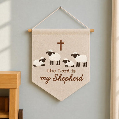 The Lord Is My Shepherd Embroidered Banner, Christian Sheep Wall Hanging, Psalm 23 Nursery Decor, Religious Baby Gift, Faith Home Decor