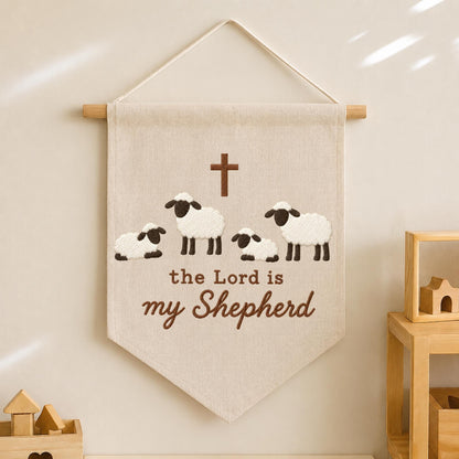 The Lord Is My Shepherd Embroidered Banner, Christian Sheep Wall Hanging, Psalm 23 Nursery Decor, Religious Baby Gift, Faith Home Decor