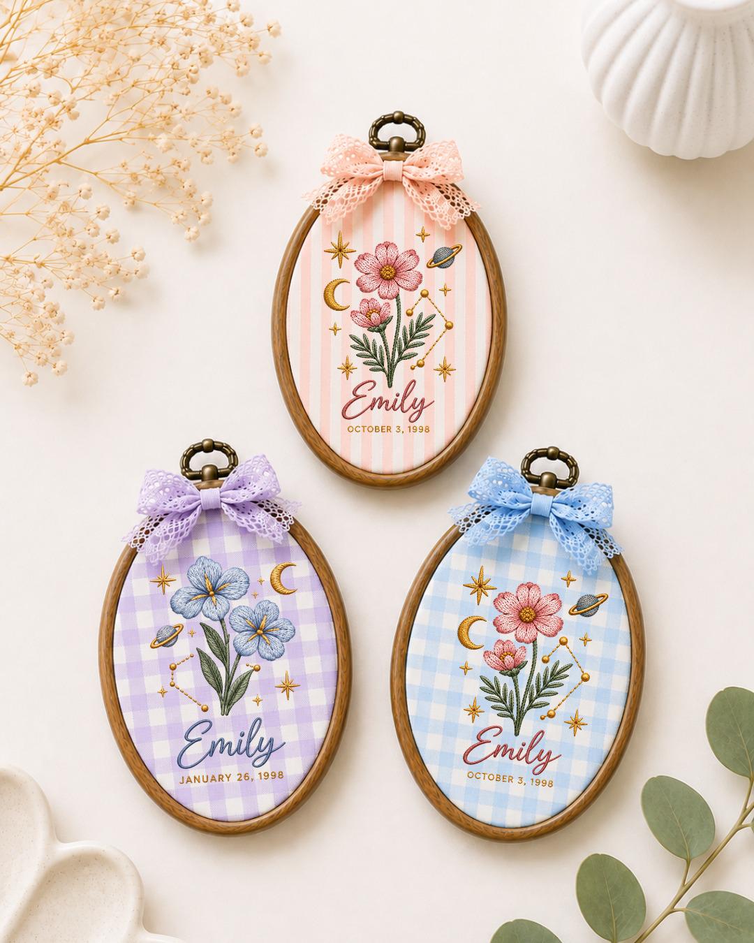 Personalized Birth Flower Zodiac Embroidered Ornament, Custom Name Birthday Hoop, Celestial Floral Keepsake, Astrology Gift