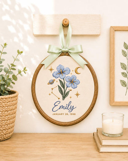 Personalized Birth Flower Zodiac Embroidered Ornament, Custom Name Birthday Hoop, Celestial Floral Keepsake, Astrology Gift