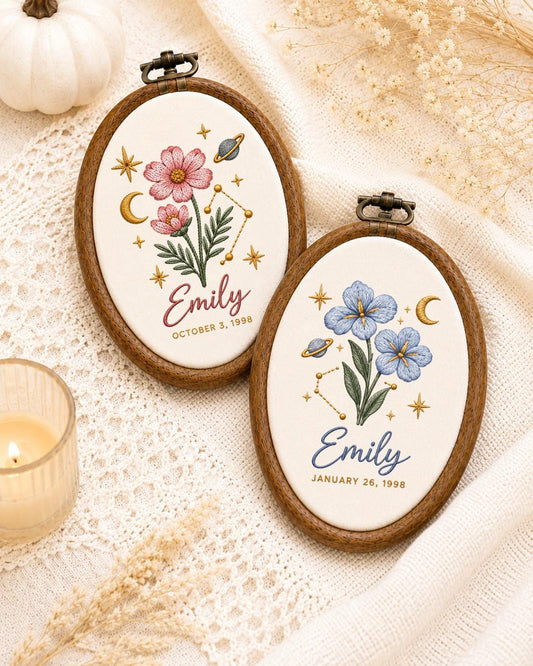 Personalized Birth Flower Zodiac Embroidered Ornament, Custom Name Birthday Hoop, Celestial Floral Keepsake, Astrology Gift