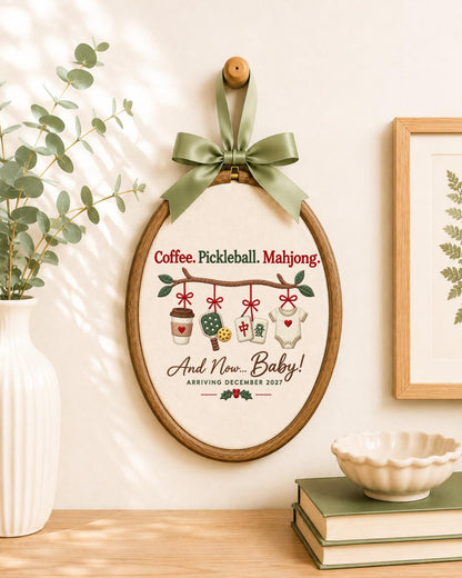 Personalized Pregnancy Announcement Embroidered Ornament, Coffee Pickleball Mahjong Baby Reveal Hoop, Expecting Mom Gift, Baby Due 2027