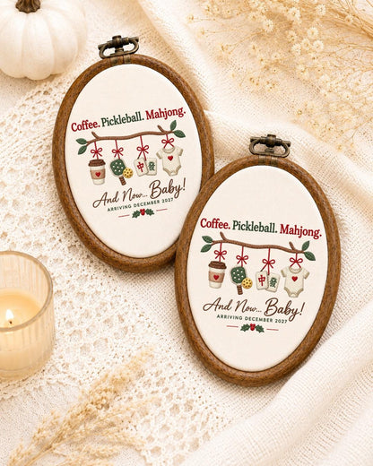 Personalized Pregnancy Announcement Embroidered Ornament, Coffee Pickleball Mahjong Baby Reveal Hoop, Expecting Mom Gift, Baby Due 2027