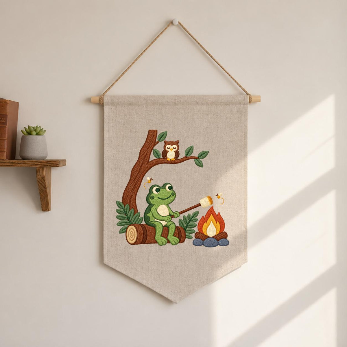 Embroidered Frog Campfire Canvas Banner Decor, Marshmallow Roasting Tree Owl Fireflies Woodland Forest Kids Room Wall Hanging Sign Gift
