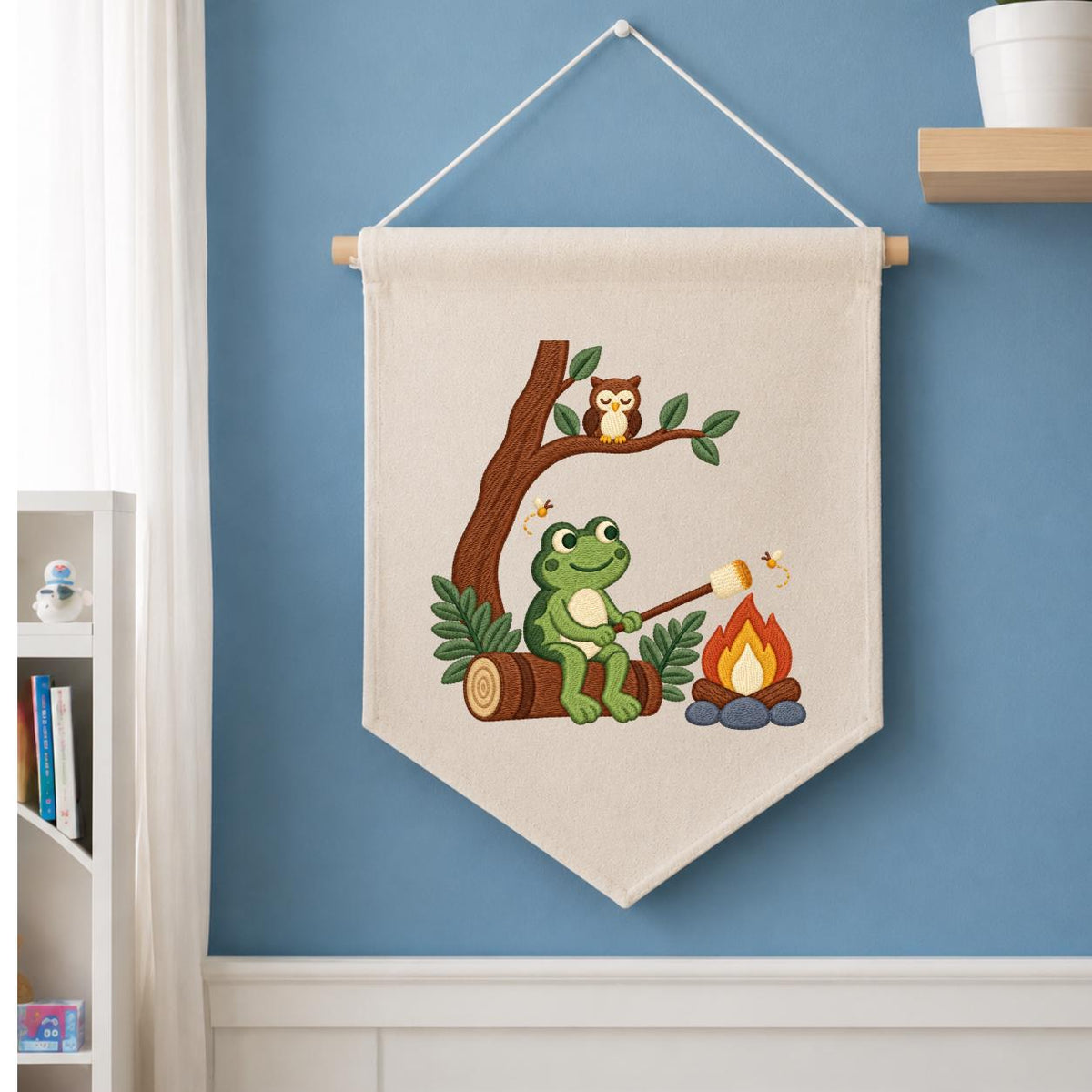 Embroidered Frog Campfire Canvas Banner Decor, Marshmallow Roasting Tree Owl Fireflies Woodland Forest Kids Room Wall Hanging Sign Gift