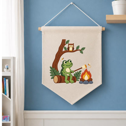 Embroidered Frog Campfire Canvas Banner Decor, Marshmallow Roasting Tree Owl Fireflies Woodland Forest Kids Room Wall Hanging Sign Gift