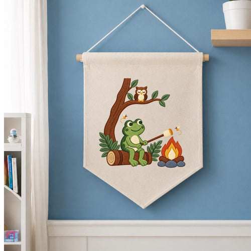 Embroidered Frog Campfire Canvas Banner Decor, Marshmallow Roasting Tree Owl Fireflies Woodland Forest Kids Room Wall Hanging Sign Gift