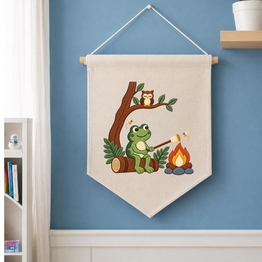 Embroidered Frog Campfire Canvas Banner Decor, Marshmallow Roasting Tree Owl Fireflies Woodland Forest Kids Room Wall Hanging Sign Gift