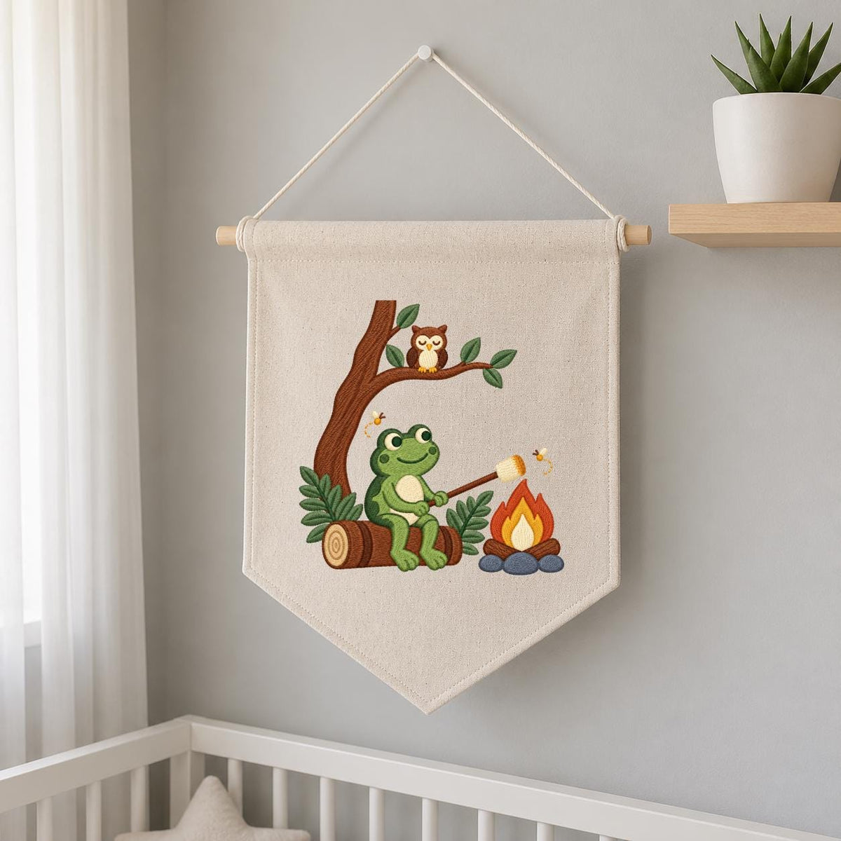 Embroidered Frog Campfire Canvas Banner Decor, Marshmallow Roasting Tree Owl Fireflies Woodland Forest Kids Room Wall Hanging Sign Gift
