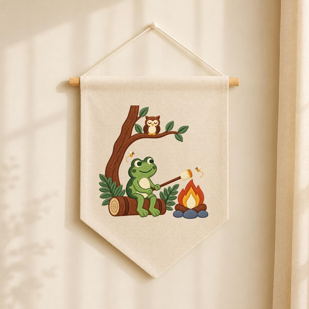 Embroidered Frog Campfire Canvas Banner Decor, Marshmallow Roasting Tree Owl Fireflies Woodland Forest Kids Room Wall Hanging Sign Gift