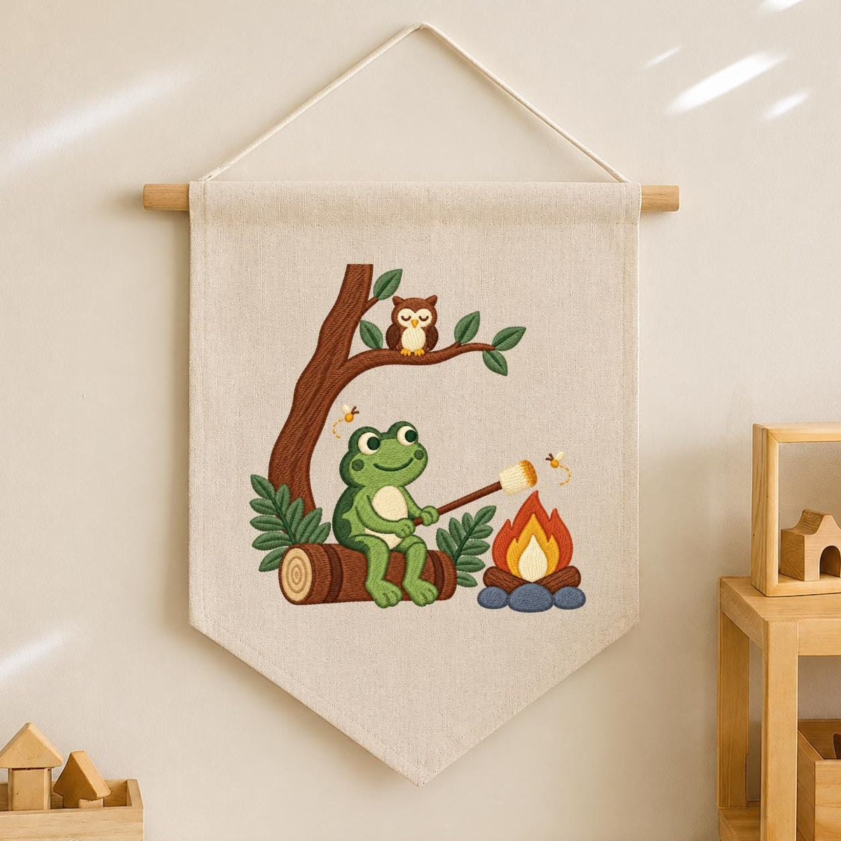 Embroidered Frog Campfire Canvas Banner Decor, Marshmallow Roasting Tree Owl Fireflies Woodland Forest Kids Room Wall Hanging Sign Gift