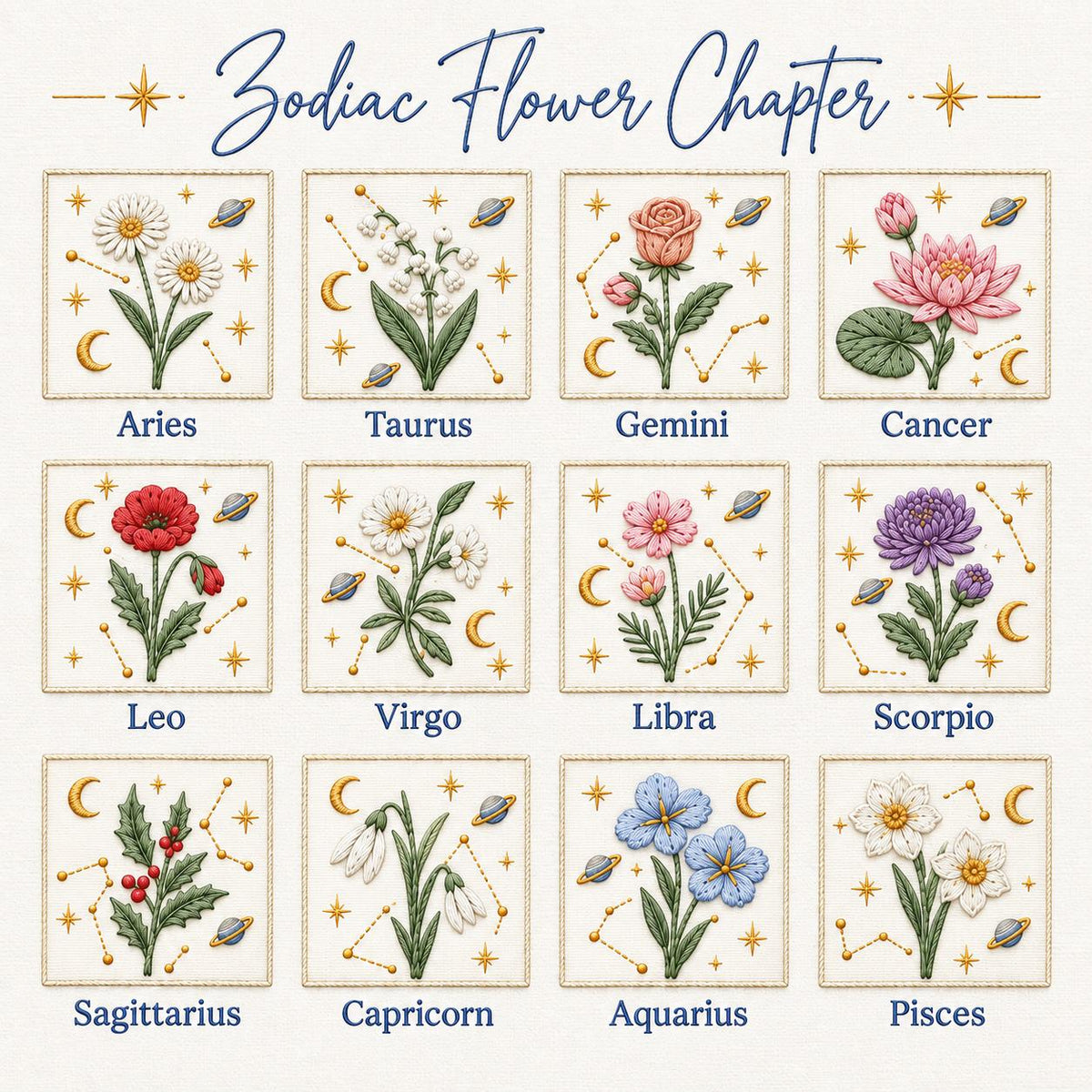 Personalized Birth Flower Zodiac Embroidered Ornament, Custom Name Birthday Hoop, Celestial Floral Keepsake, Astrology Gift