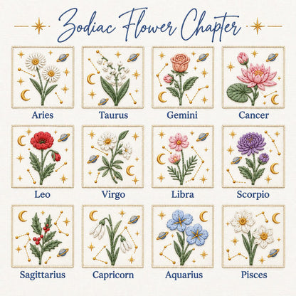 Personalized Birth Flower Zodiac Embroidered Ornament, Custom Name Birthday Hoop, Celestial Floral Keepsake, Astrology Gift