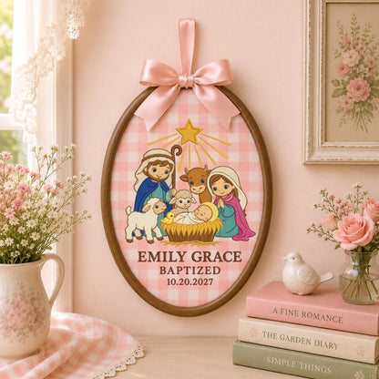 Personalized Baptism Nativity Embroidered Ornament, Custom Baby Name Christening Keepsake, Christian Baptism Gift, Religious Baby Ornament