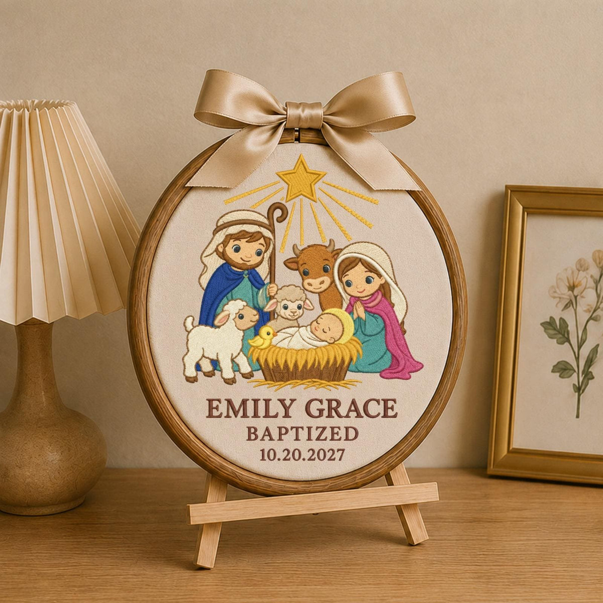 Personalized Baptism Nativity Embroidered Ornament, Custom Baby Name Christening Keepsake, Christian Baptism Gift, Religious Baby Ornament