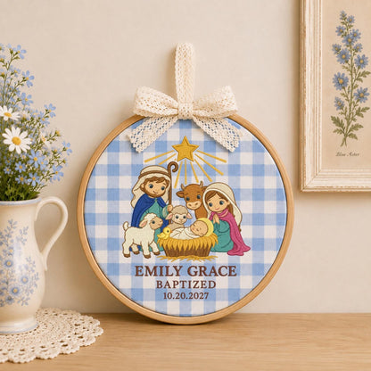 Personalized Baptism Nativity Embroidered Ornament, Custom Baby Name Christening Keepsake, Christian Baptism Gift, Religious Baby Ornament