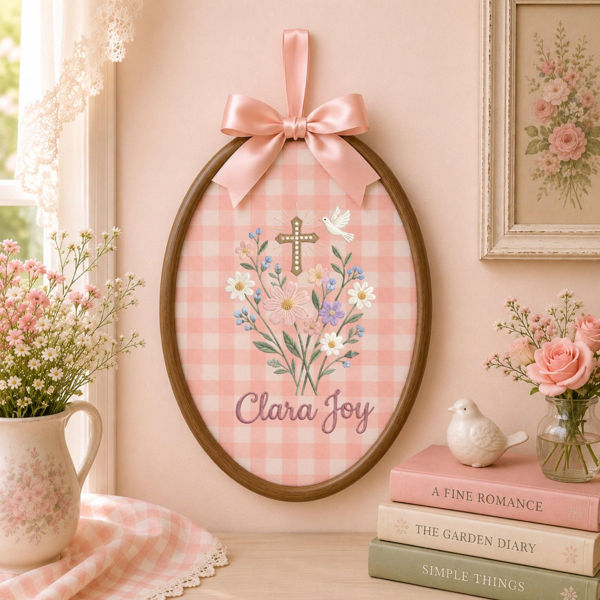 Personalized Christian Floral Embroidered Ornament, Custom Name Cross & Dove Keepsake, Baptism Gift, Religious Baby Girl Ornament