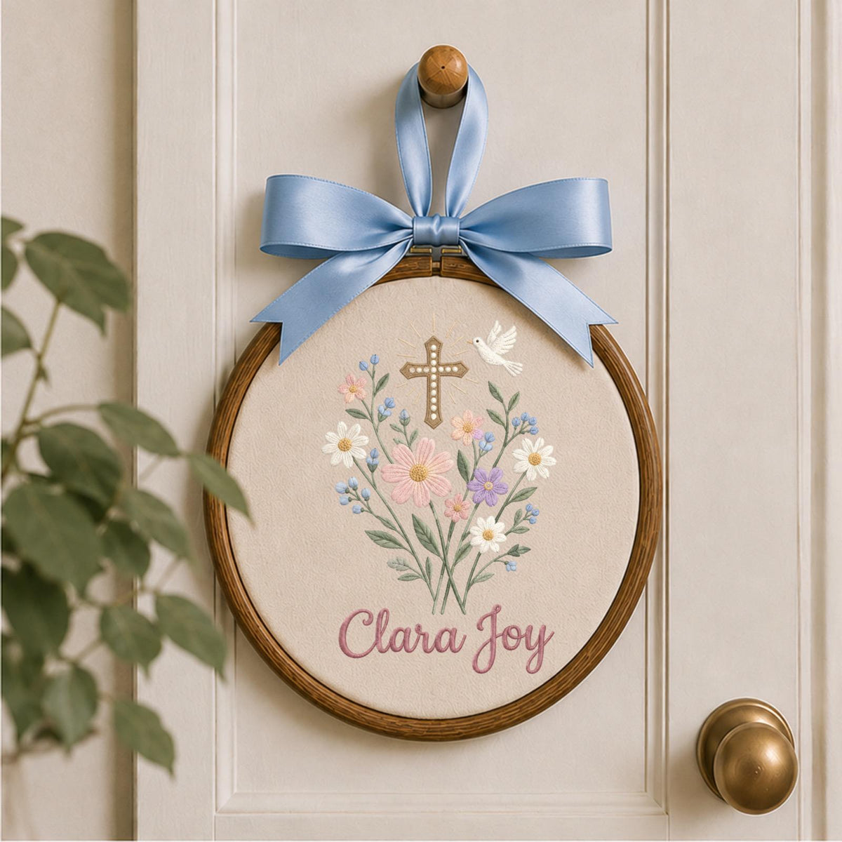 Personalized Christian Floral Embroidered Ornament, Custom Name Cross & Dove Keepsake, Baptism Gift, Religious Baby Girl Ornament