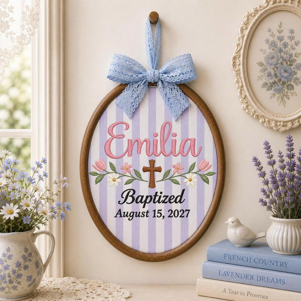 Personalized Baptism Embroidered Ornament, Custom Baby Girl Name Christening Keepsake, Floral Cross Christian Gift, Religious Baby Ornament