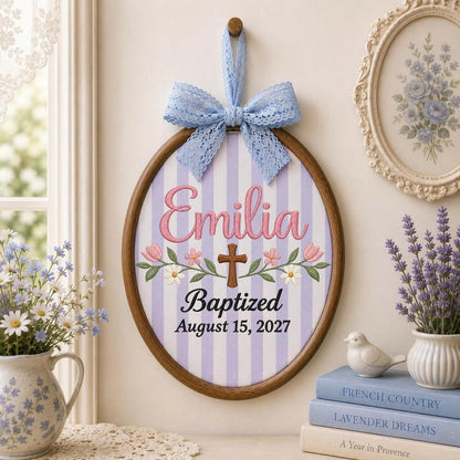 Personalized Baptism Embroidered Ornament, Custom Baby Girl Name Christening Keepsake, Floral Cross Christian Gift, Religious Baby Ornament