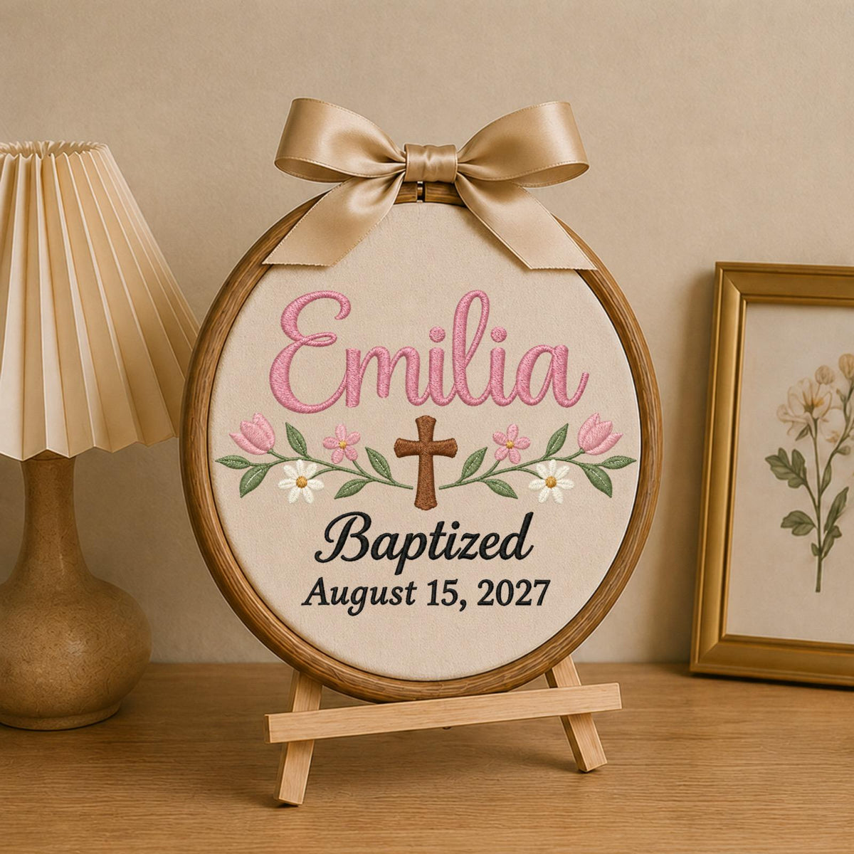 Personalized Baptism Embroidered Ornament, Custom Baby Girl Name Christening Keepsake, Floral Cross Christian Gift, Religious Baby Ornament