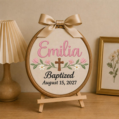 Personalized Baptism Embroidered Ornament, Custom Baby Girl Name Christening Keepsake, Floral Cross Christian Gift, Religious Baby Ornament