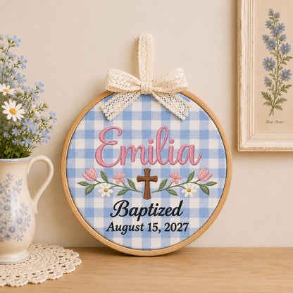 Personalized Baptism Embroidered Ornament, Custom Baby Girl Name Christening Keepsake, Floral Cross Christian Gift, Religious Baby Ornament