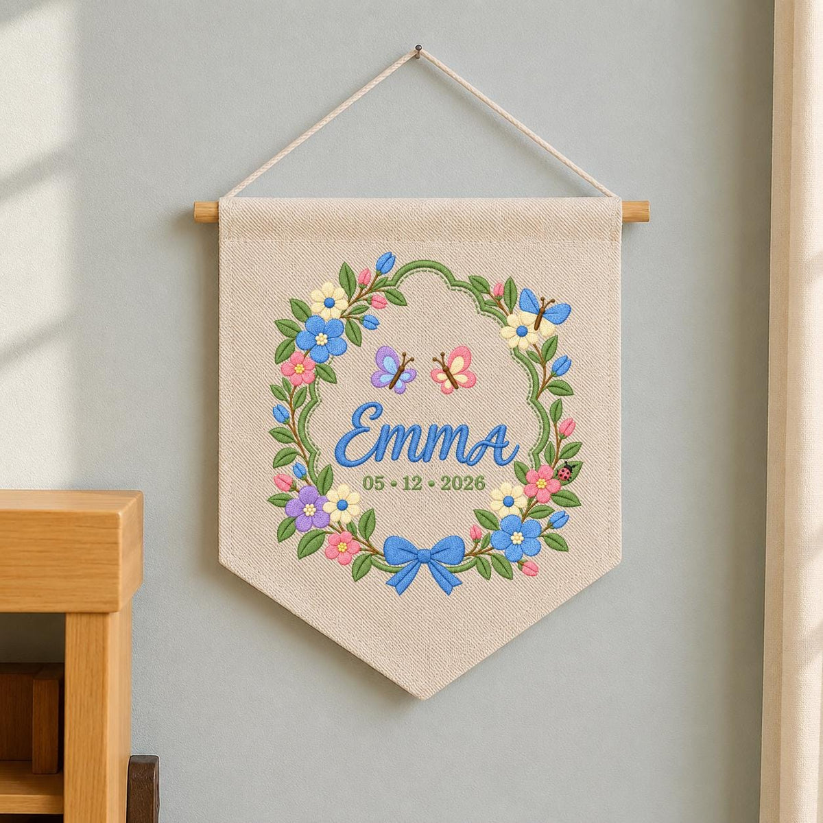 Custom Name Date Embroidered Canvas Banner Decor, Spring Floral Wreath Butterflies Blue Bow Emma Baby Shower Nursery Wall Hanging Sign